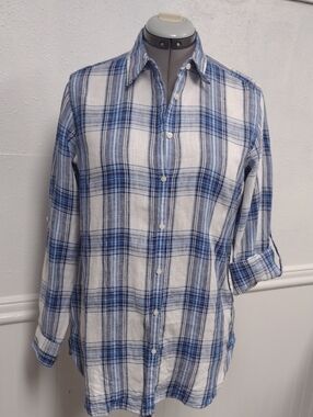 Ralph Lauren 100% Linen women's Plaid Blue and White Button-Down Shirt